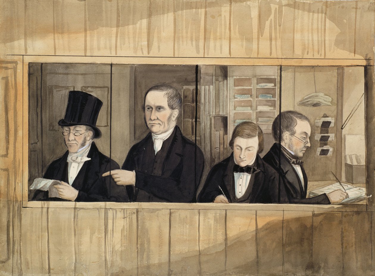 Interiér kanceláře pánů Charlese Greenwooda a společnosti, cca 1840 (wc na papíře) od English School