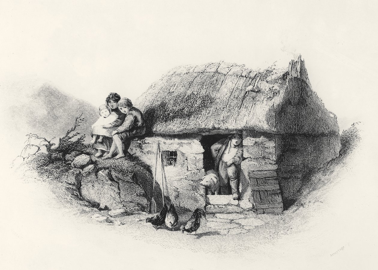 Irish Cabin, vyrytý Jamesem Charlesem Armytage (c.1820-97) od English School