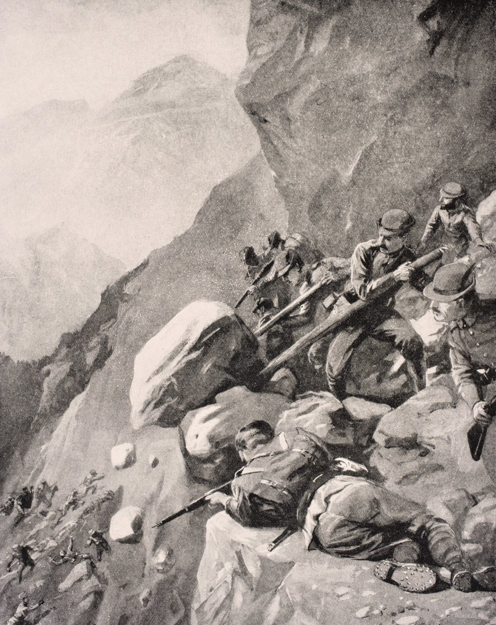 Italské jednotky hází balvany dolů na nepřátelské vojáky v Dolomitech, 1915, z „The War Illustrated Album deLuxe“ vydaného v Londýně, 1916 od English School