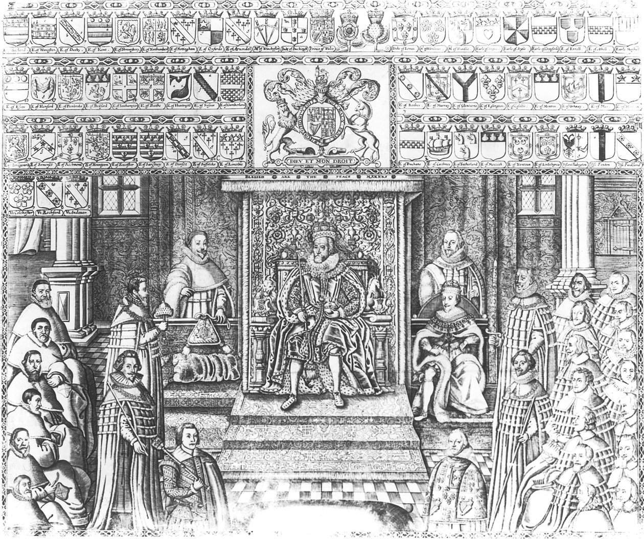 Jakub I. Anglický (1566-1625) u dvora od English School