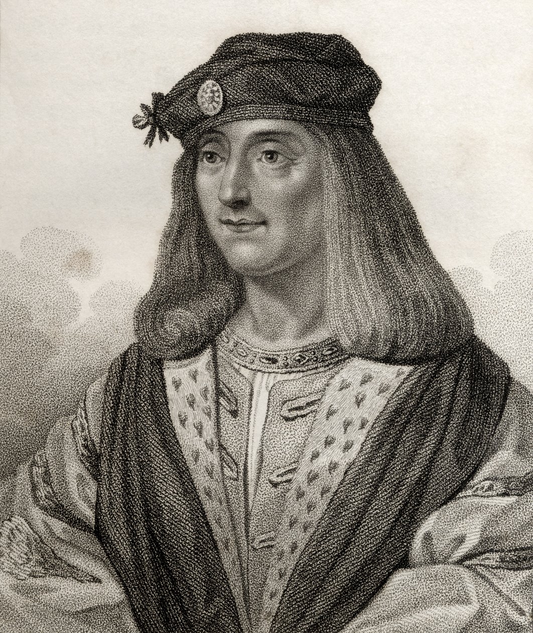 Jakub IV., skotský král, vyryla Geremia, ilustrace z „Katalogu královských a vznešených autorů, svazek V“, vydaného v roce 1806 od English School