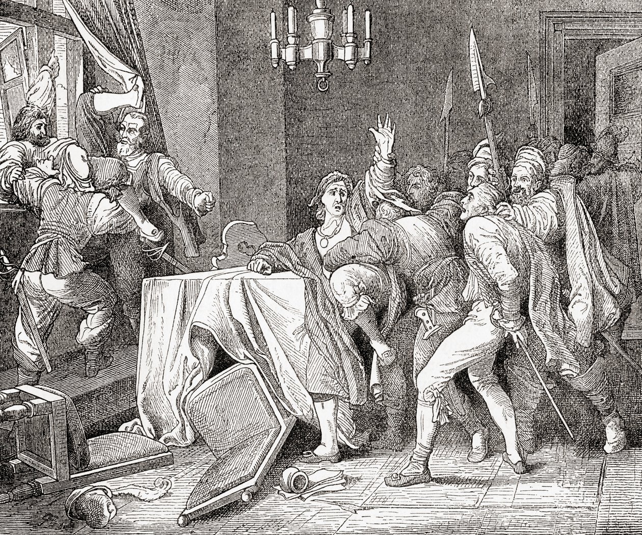 Jaroslav Brita z Martinic a Vilém Slavata z Chlumu svržení z okna pražského paláce při pražské defenestraci v roce 1618, z Ward and Locks Ilustrované dějiny Wo od English School