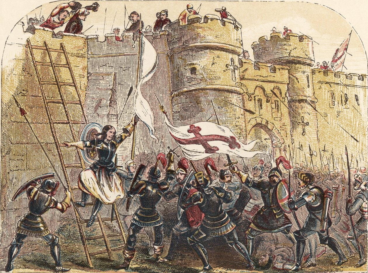 Johanka z Arku vede francouzskou armádu proti anglickým obráncům brány Les Tourelles během obléhání Orleansu 7. května 1429 (chromolitho) od English School