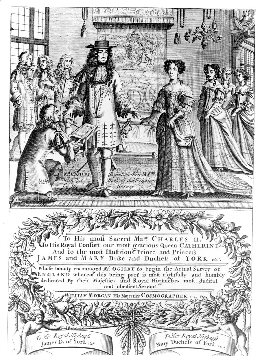 John Ogilby předkládá králi a královně seznam předplatného na "Britannia", detail z Morganovy mapy Londýna, 1682. od English School