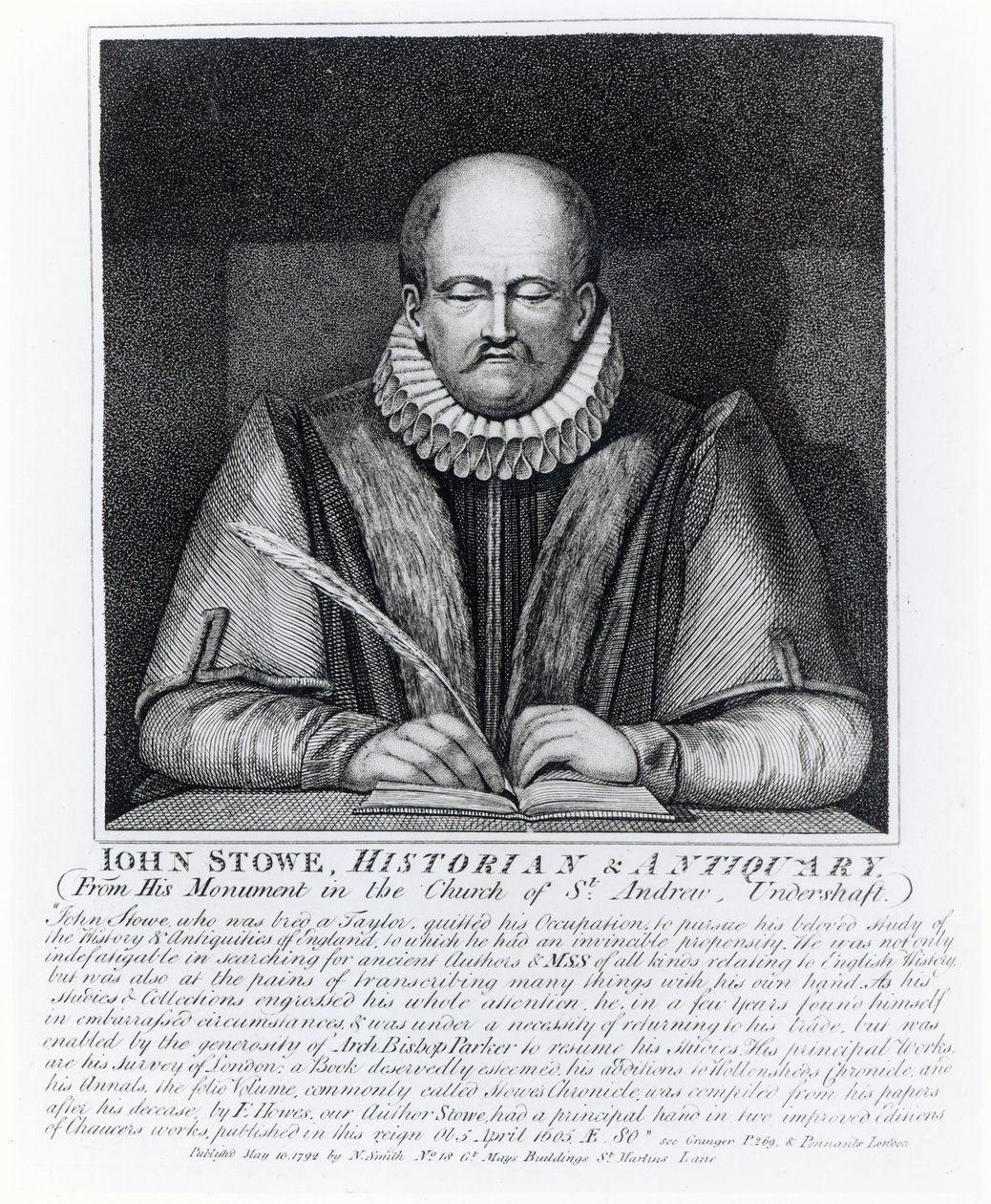 John Stowe, portrét z jeho pomníku v kostele svatého Ondřeje, spodní šachta, 1792 od English School