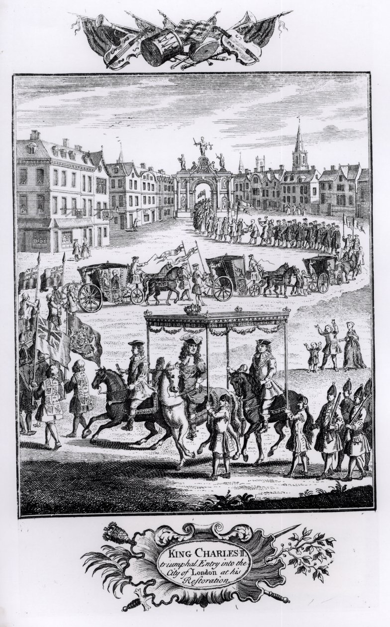 King Charles II (1630-85): Triumfální vjezd do City of London při jeho restaurování, květen 1660 od English School