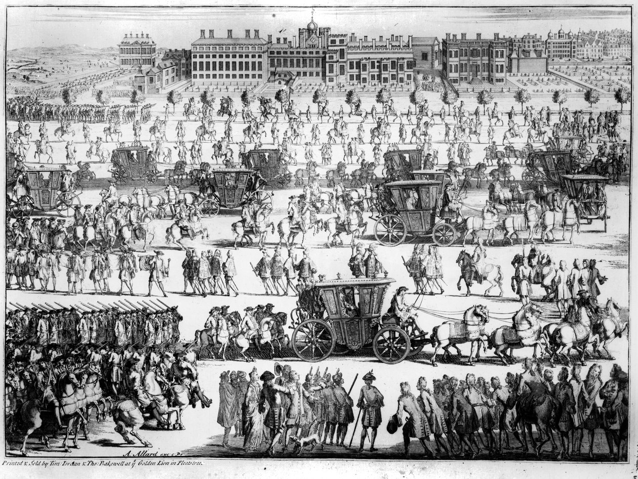 Průvod krále Jiřího I. do paláce sv. Jakuba, 20. září 1714, vyryl Abraham Allard od English School
