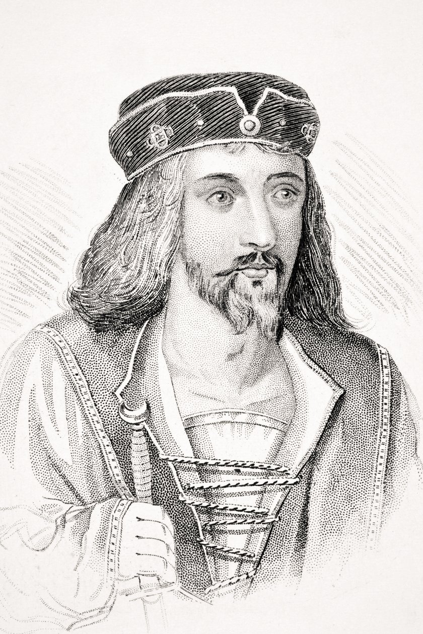 Anglický král Jakub I. a skotský král VI., ilustrace z knihy „Stará Anglie