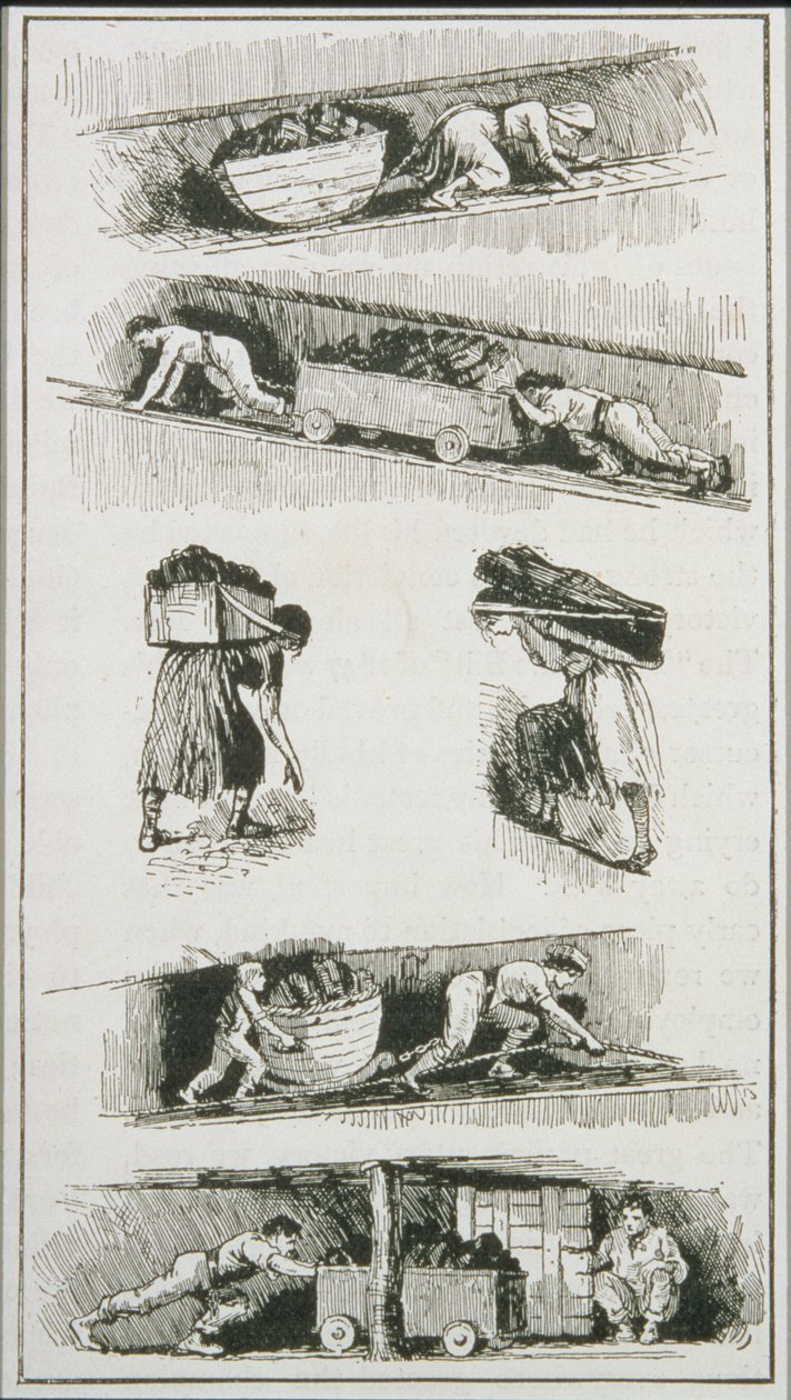 Dělníci (včetně ženy a dítěte) v uhelných dolech před rokem 1843 od English School