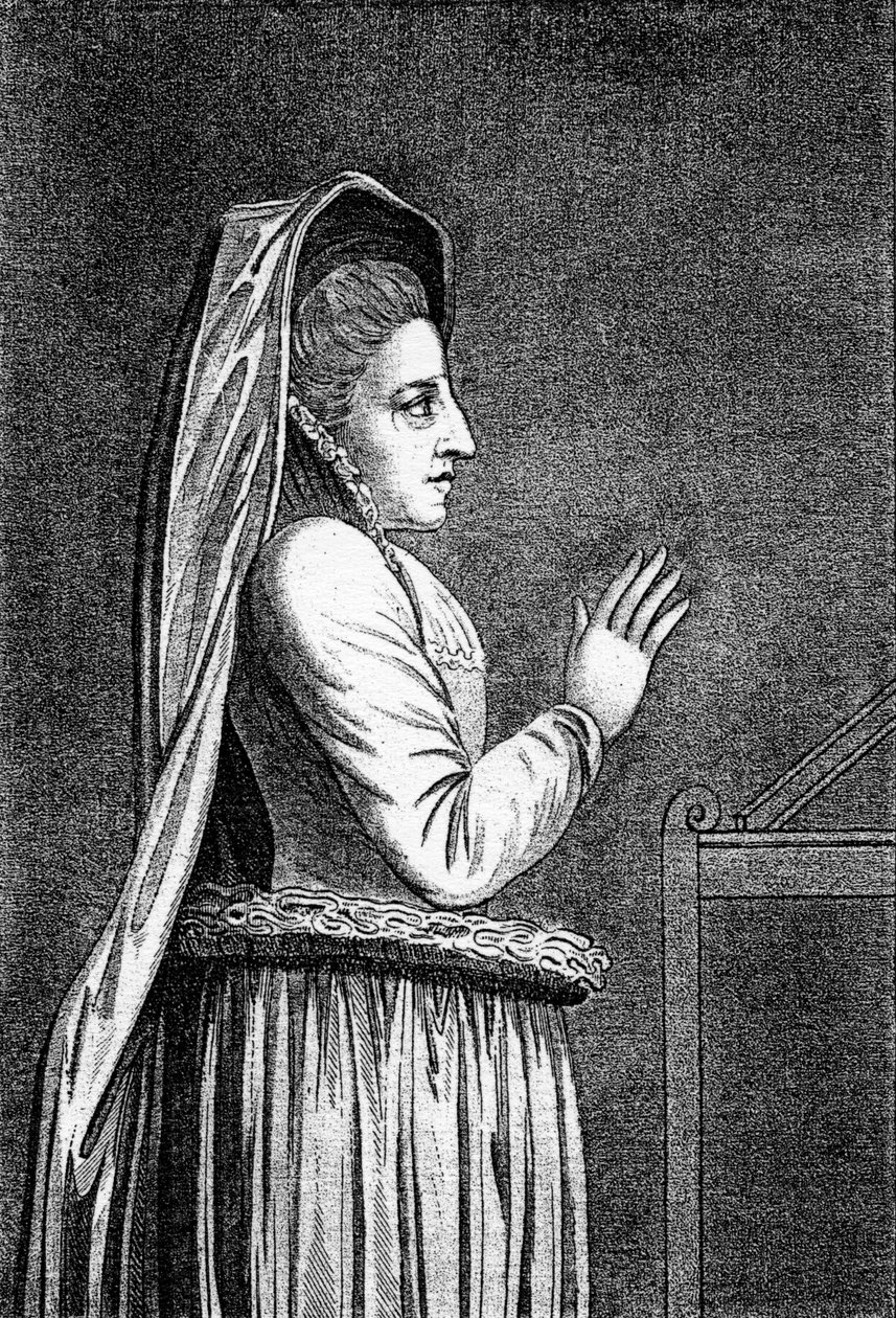 Lady Douglasová z jejího pomníku v Savojské kapli, tisk z roku 1796 od English School