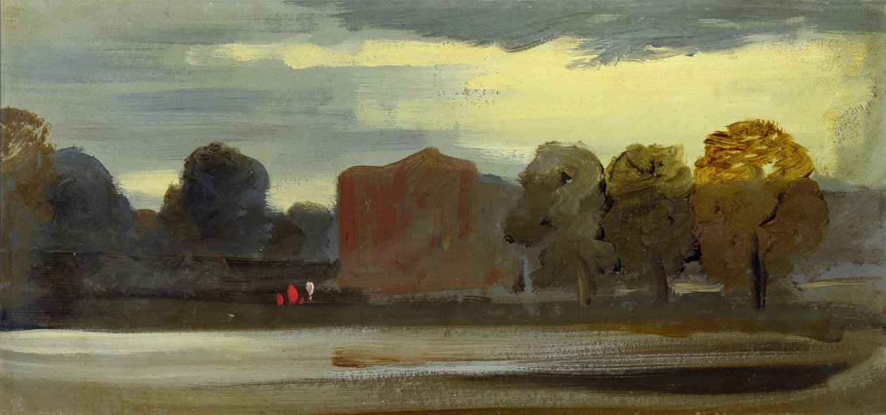 Krajina s jezerem (Jezerní scéna) dříve připisovaná J. M. W. Turnerovi (1775-1851) a také Peteru de Wintovi (1784-1849), 1828-29 (olej na papíře) od English School