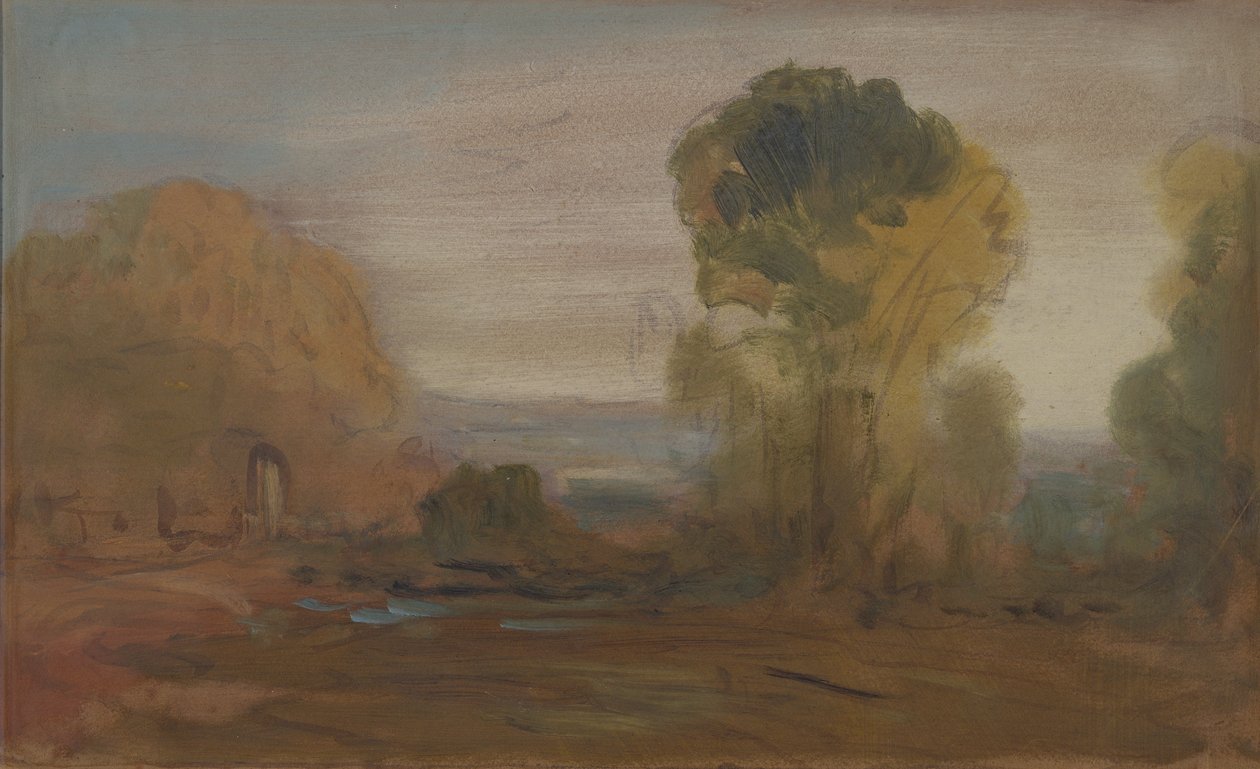 Krajina se stromy, dříve připisovaná J.M.W. Turner (1775-1851) a také připisován Peteru de Wint (1784-1849) (olej na papíře) od English School
