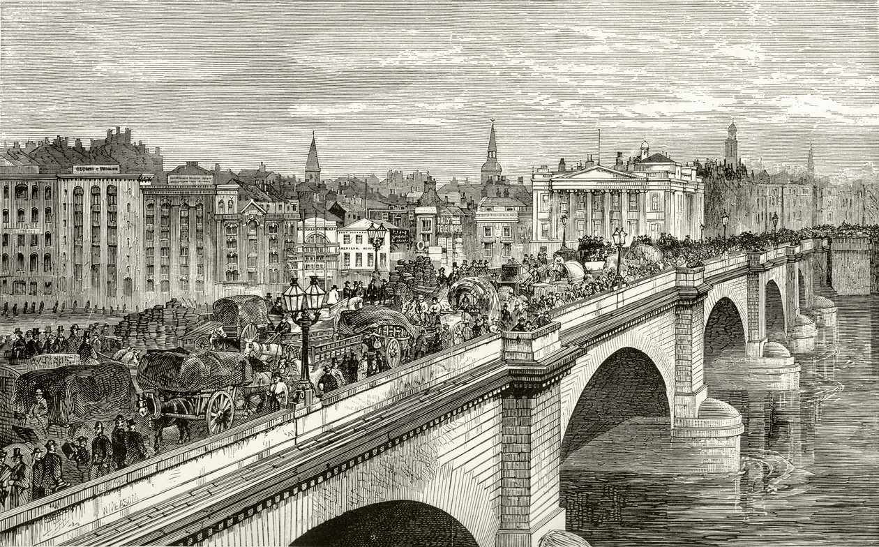 London Bridge v devatenáctém století, z „Obrázky Londýna: Kreslené perem a tužkou“, od reverenda Richarda Lovetta, vydáno 1890 od English School