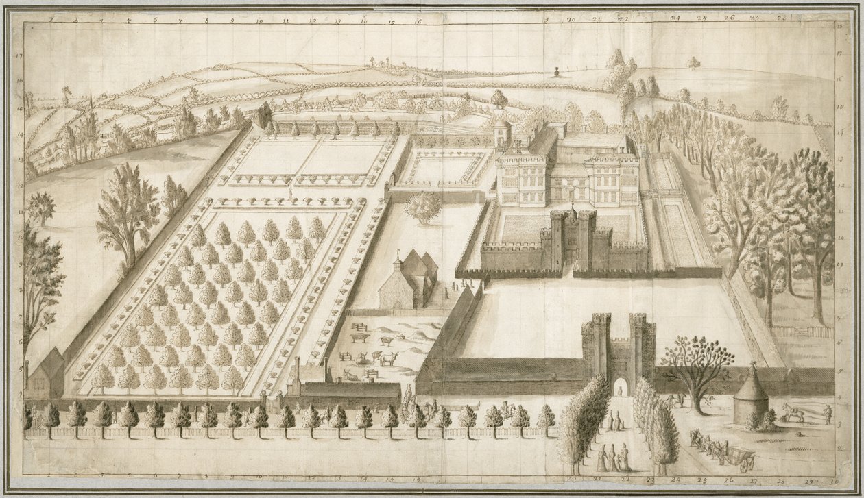 Hrad Lullingstone, cca 1670 (pero a inkoust s mytím na papíře) od English School