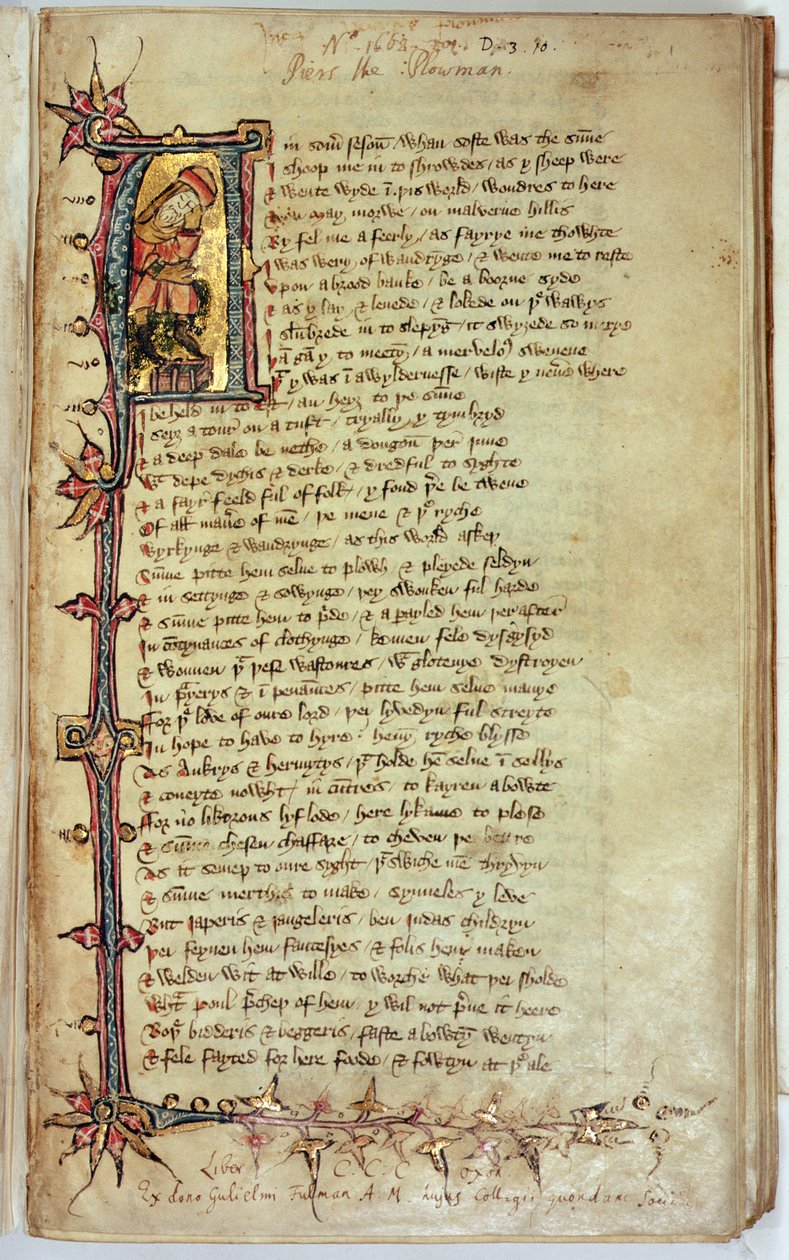 MS CCC 201 f.1 Strana textu s historickou iniciálou zobrazující snílka, od Piers Plowman od Williama Langlanda od English School