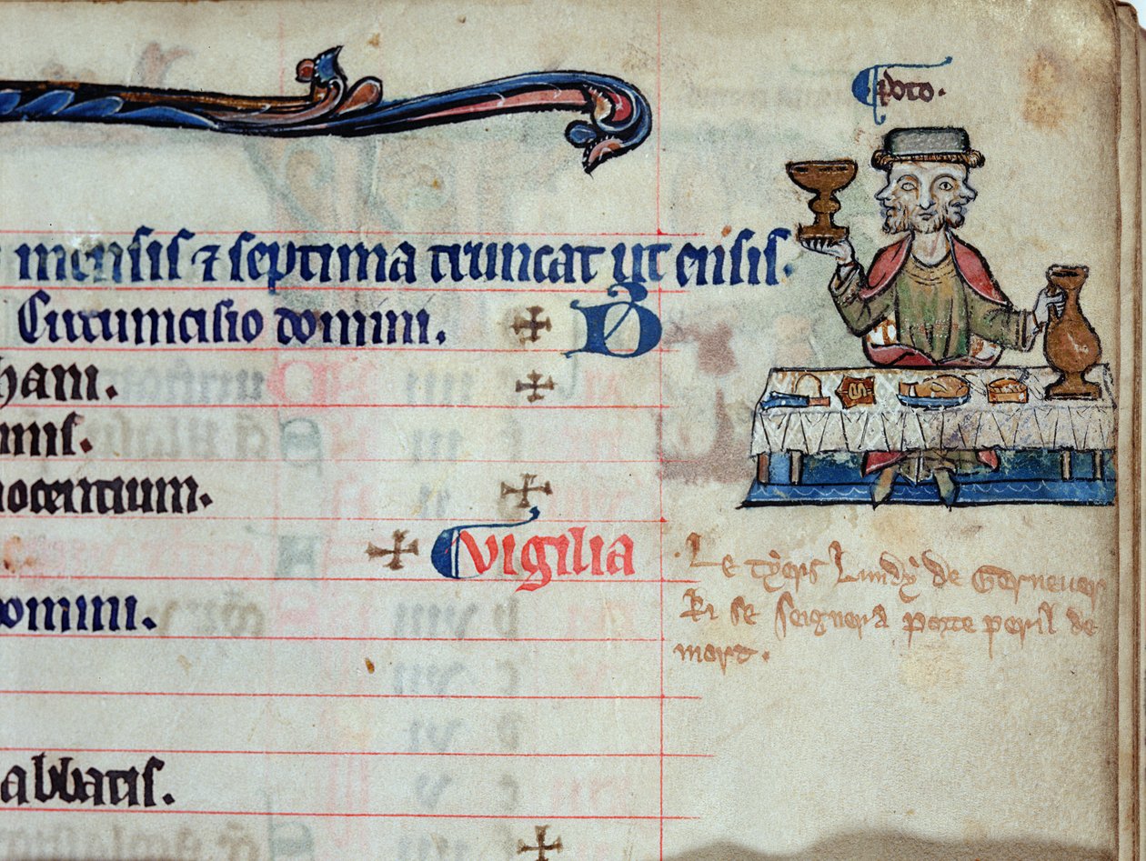 MS CCC 285 f.3 Pití tříhlavého muže, ilustrace pro leden v kalendáři žaltáře, kolem 1250-75 od English School