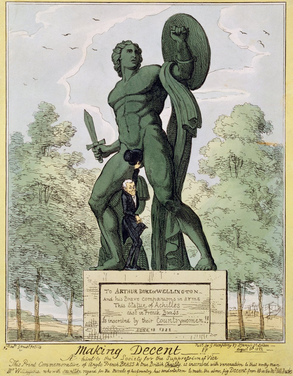 Making Decent, karikatura zobrazující Williama Wilberforce (1759-1833), jak zakrývá sochu Achilla na Hyde Park Corner, autor Richard Westmacott (1775-1856), vyd. 1822 od English School
