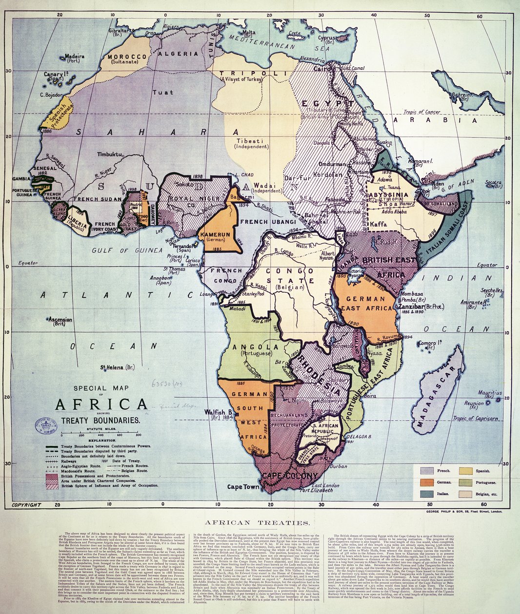 Mapa Afriky zobrazující smluvní hranice, 1891 (barevná litografie) od English School