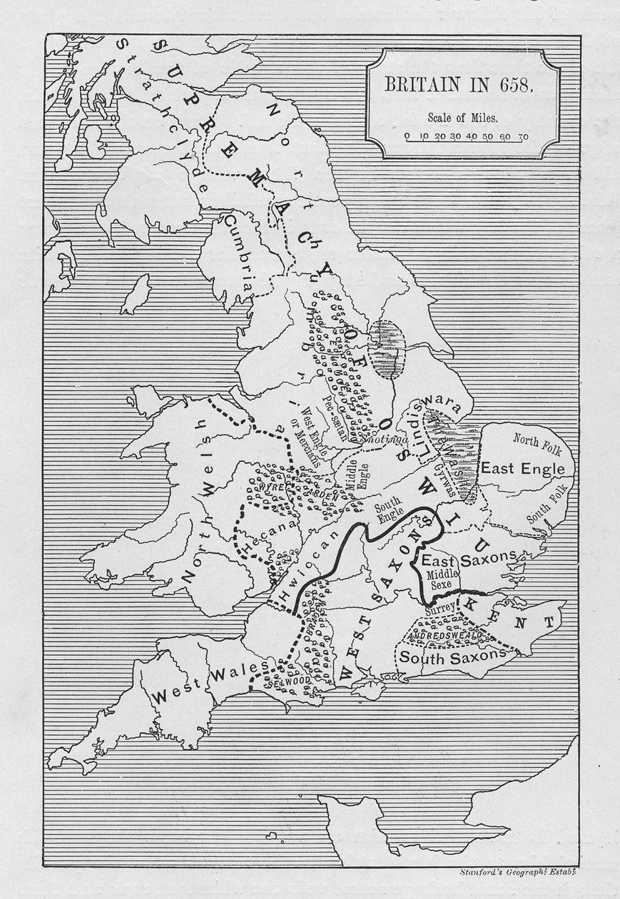 Mapa Británie v roce 658, produkoval Stanford