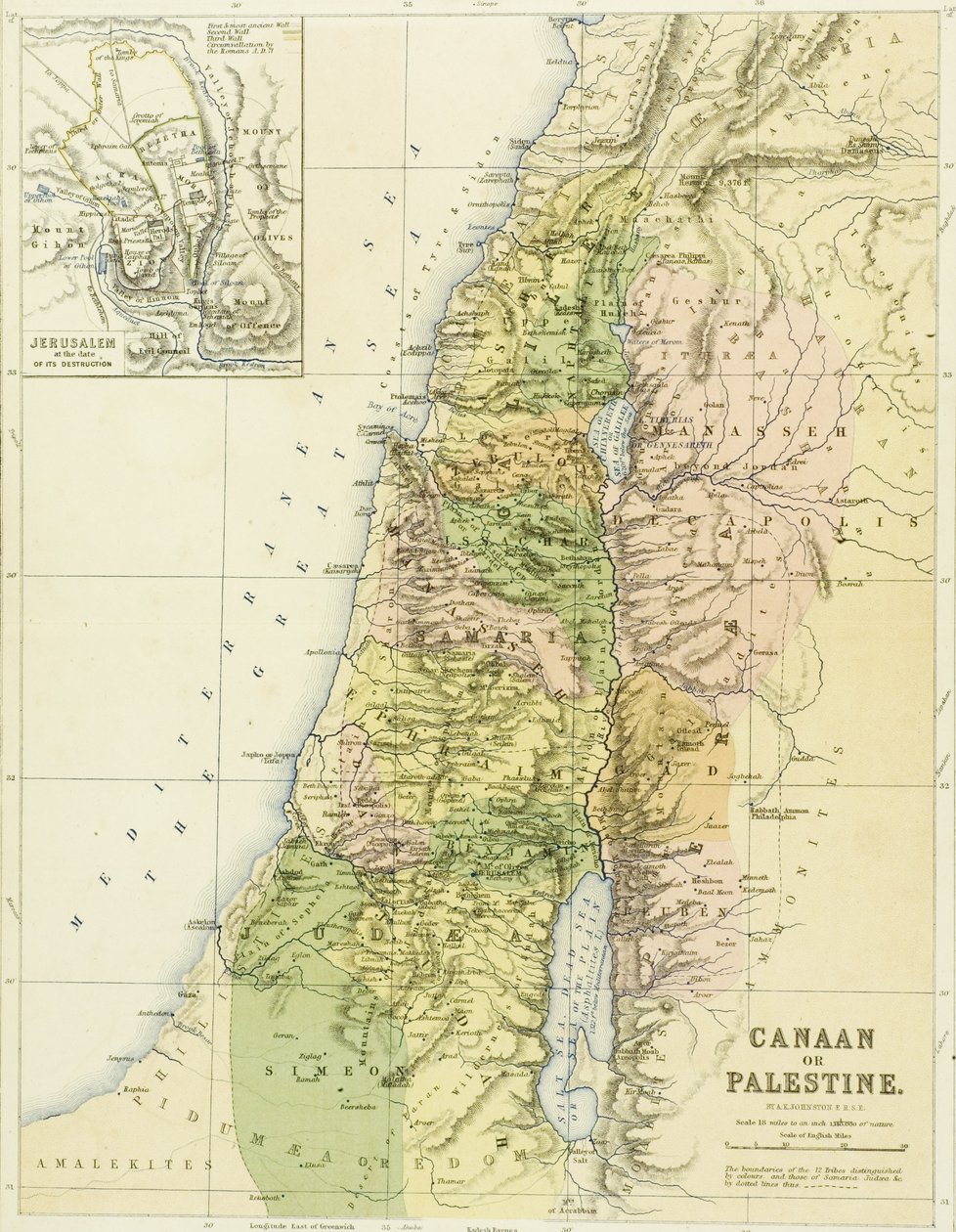 Mapa Kanaánu neboli Palestiny, kterou vydal AK Johnstone od English School