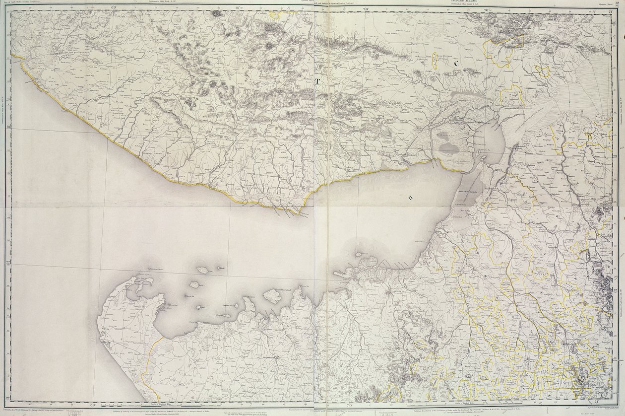 Mapa Cutch a Kathiawar, zveřejněná pod vedením plukovníka G.C. de Pree, SC, Surveyor General of India, 1885 od English School