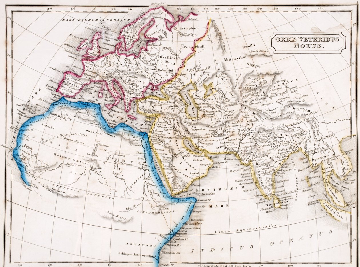 Mapa Evropy Severní Afrika a západní Asie, Orbis Veteribus Notus, z „Atlasu starověké geografie“, od Samuela Butlera, vydaného v Londýně kolem roku 1829 od English School