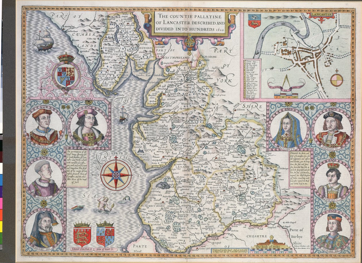 Mapa Lancaster rozdělená do stovek, 1610 (barevná rytina) od English School