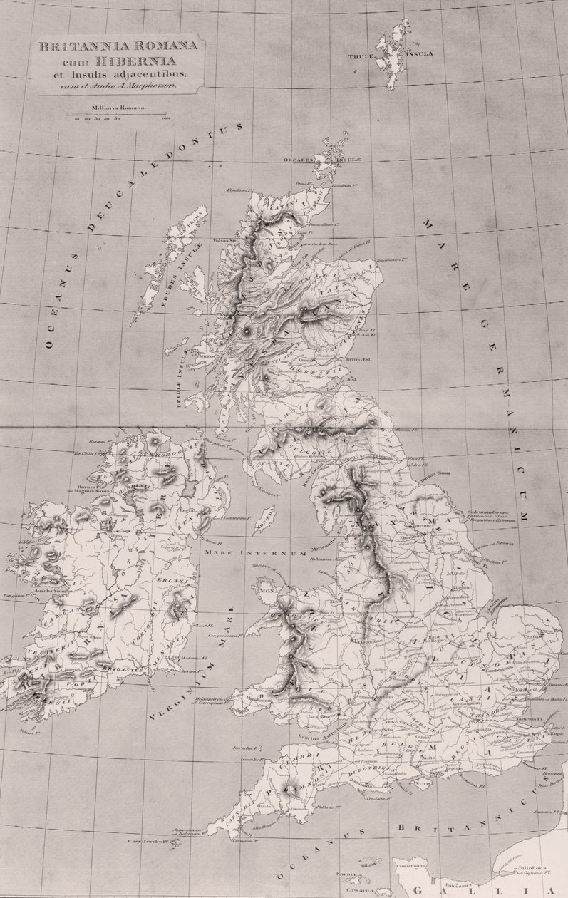 Mapa římské Británie s Irskem a přilehlými ostrovy, mapa původně publikovaná v Londýně, 1818 od English School