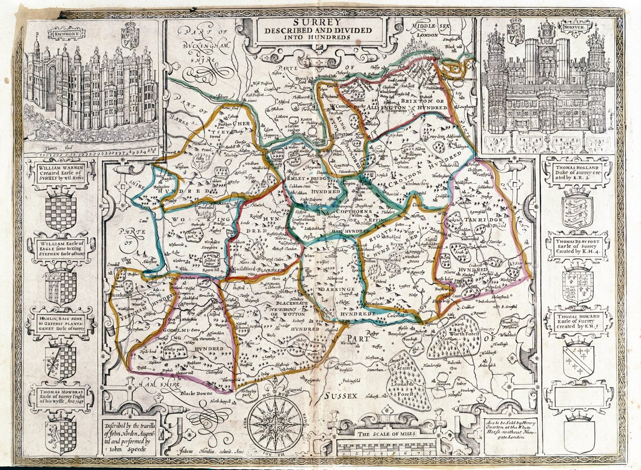 Mapa Surrey, popsaná a rozdělená do stovek od English School