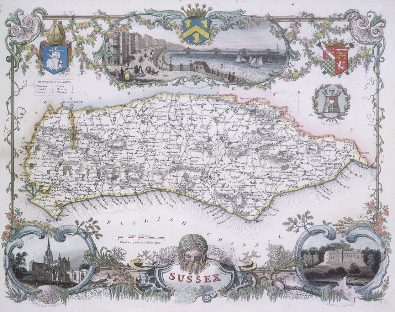 Mapa Sussexu (barevná rytina) od English School