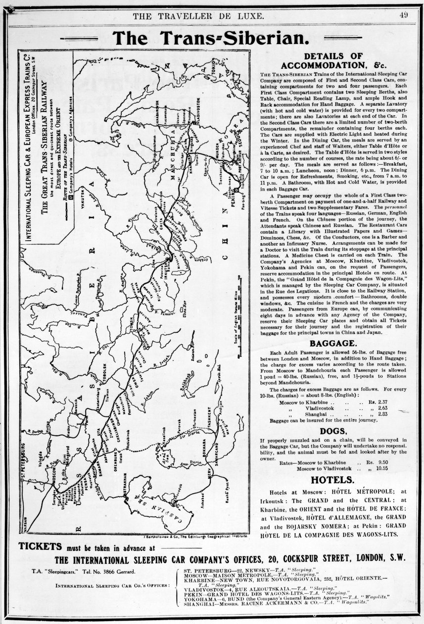 Mapa transsibiřské magistrály, produkoval J. Bartholomew und Co., kolem roku 1920 od English School