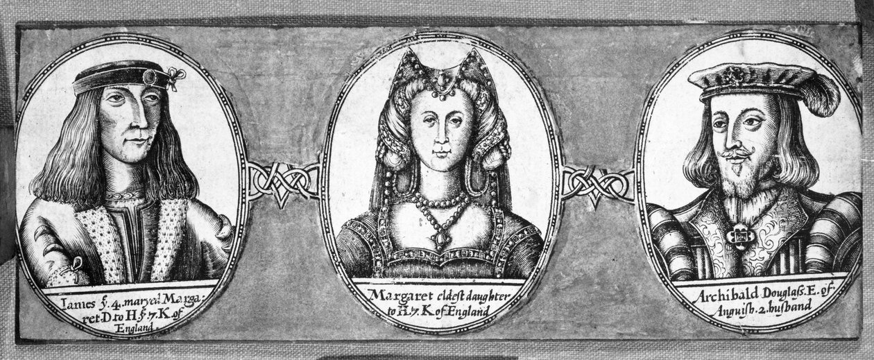 Margaret Tudorová se dvěma svými manžely, Jamesem IV. a Archibaldem Douglasem od English School