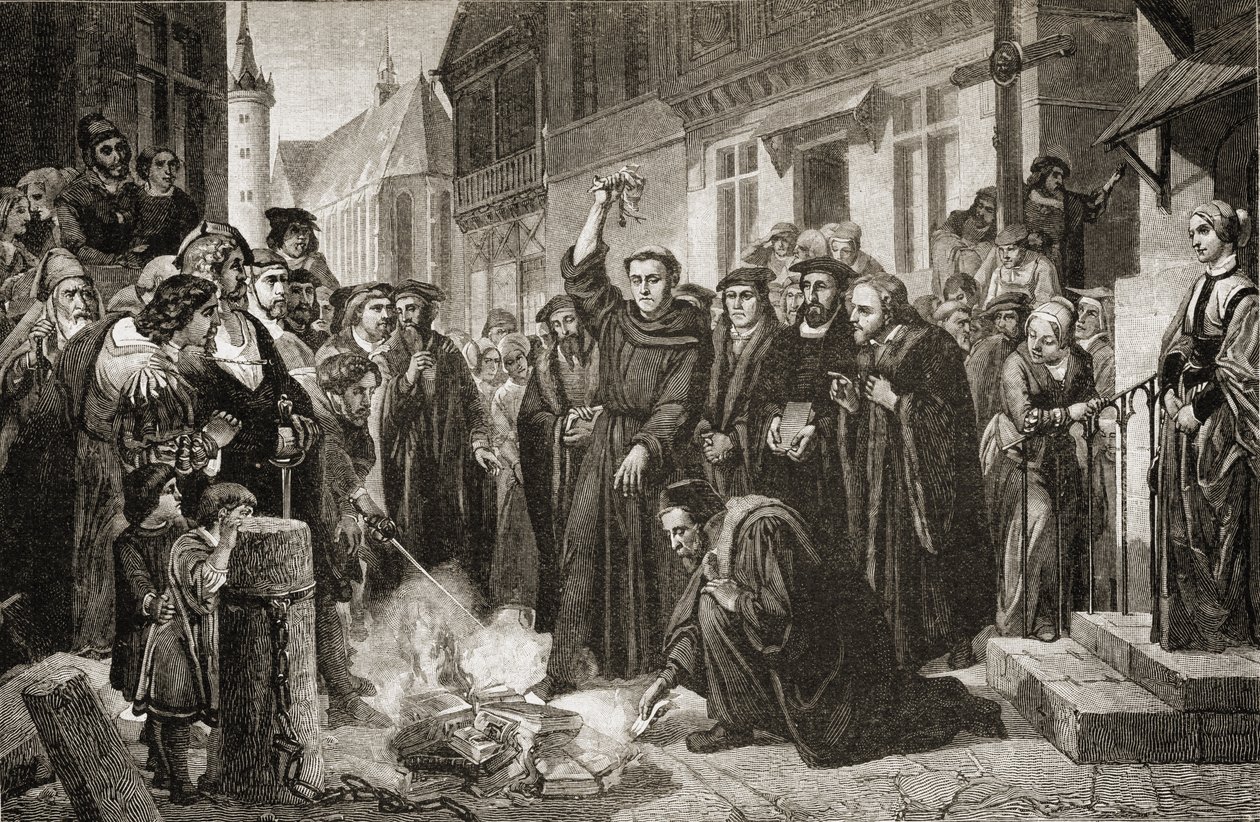 Martin Luther (1483-1556) pálením papežské buly v roce 1520 od English School