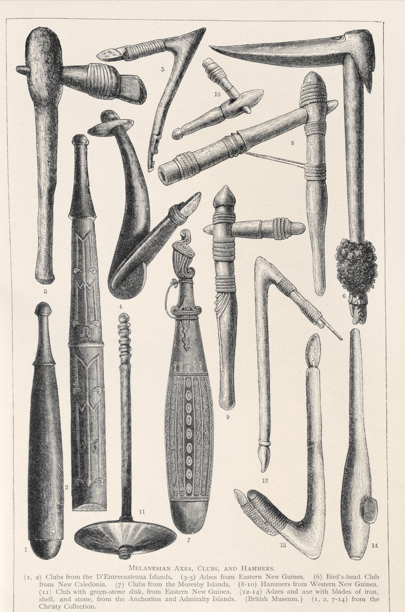 Melanéské sekery, kyje a kladiva, z Historie lidstva, svazek 1, od prof. Friedricha Ratzela, 1896 od English School