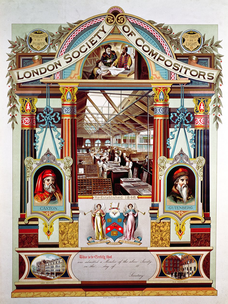 Členský certifikát London Society of Compositors od English School