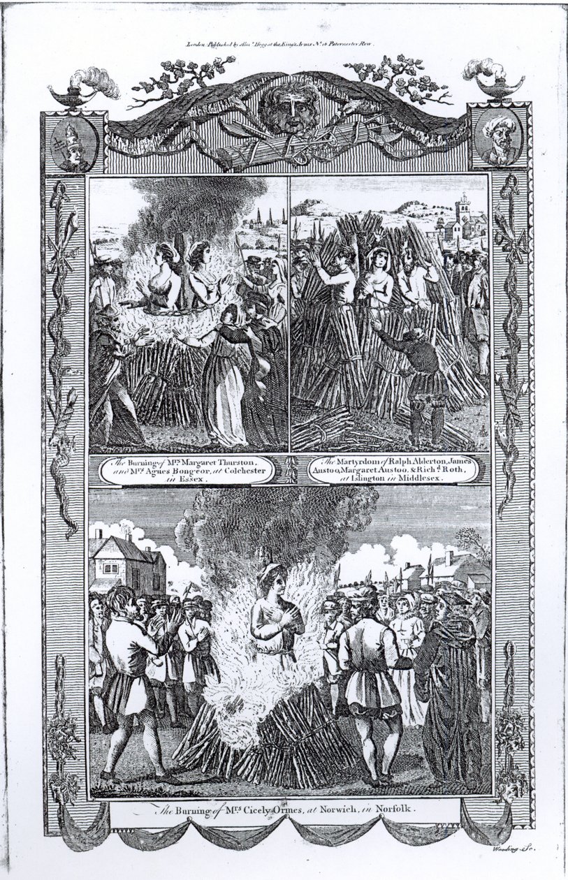 Muži a ženy upálení na hranici v roce 1557, z vydání knihy "Acts and Monuments" od Johna Foxe (1516-87). od English School
