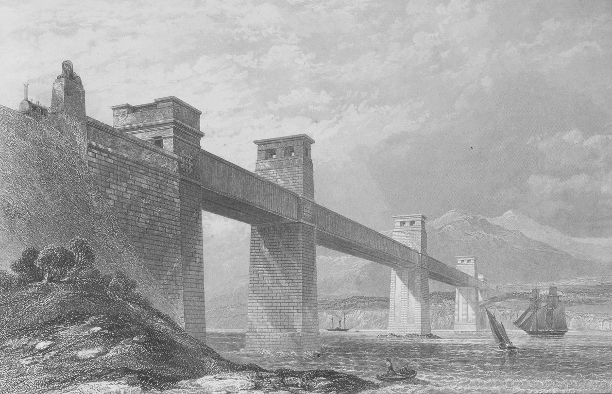 Menai Straits, Wales – Britannia Tubular Railway Bridge z „Cyklopedie užitečného umění a výroby“, editoval Charles Tomlinson, kolem 80. let 19. století od English School