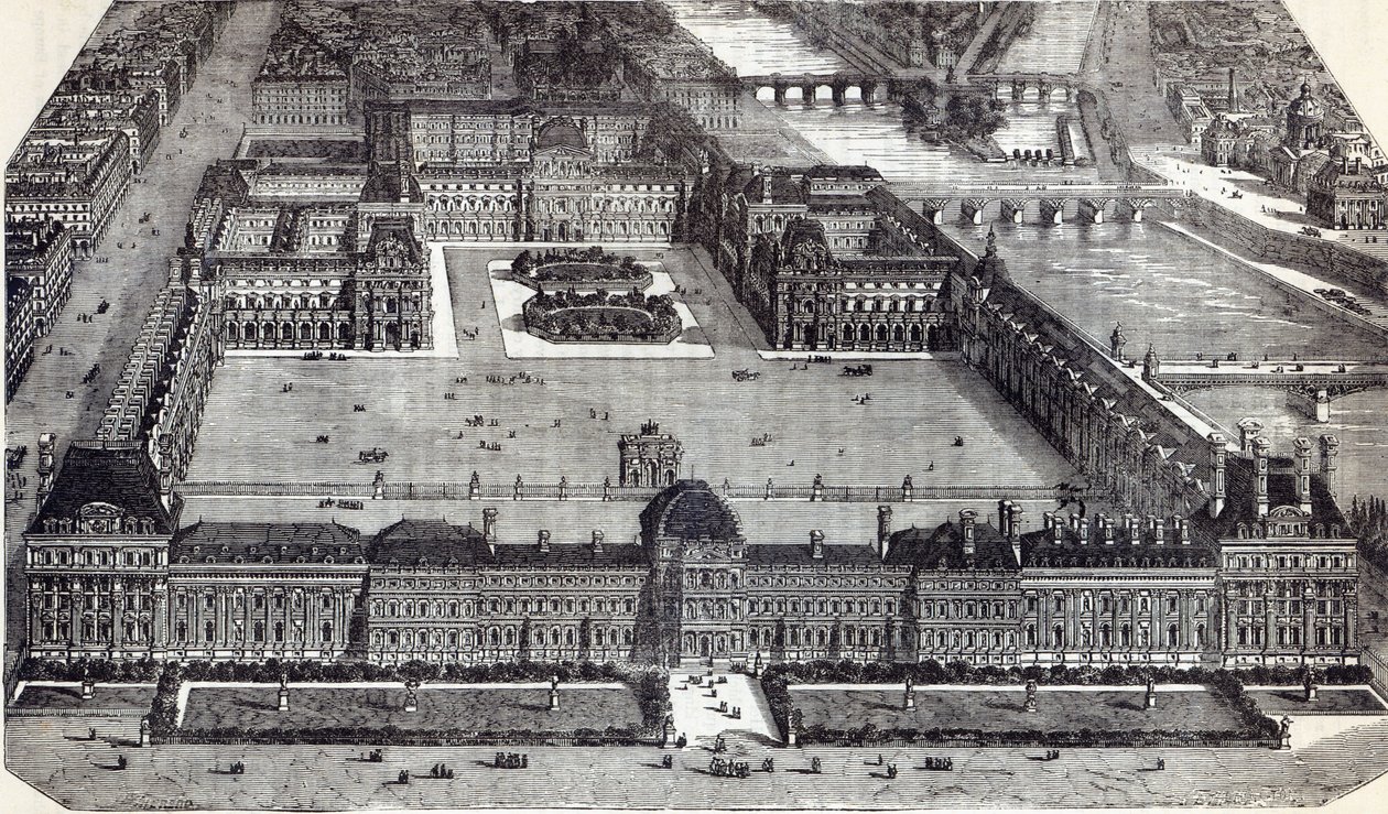 Moderní pohled na Tuileries a Louvre, Paříž, 1845 od English School