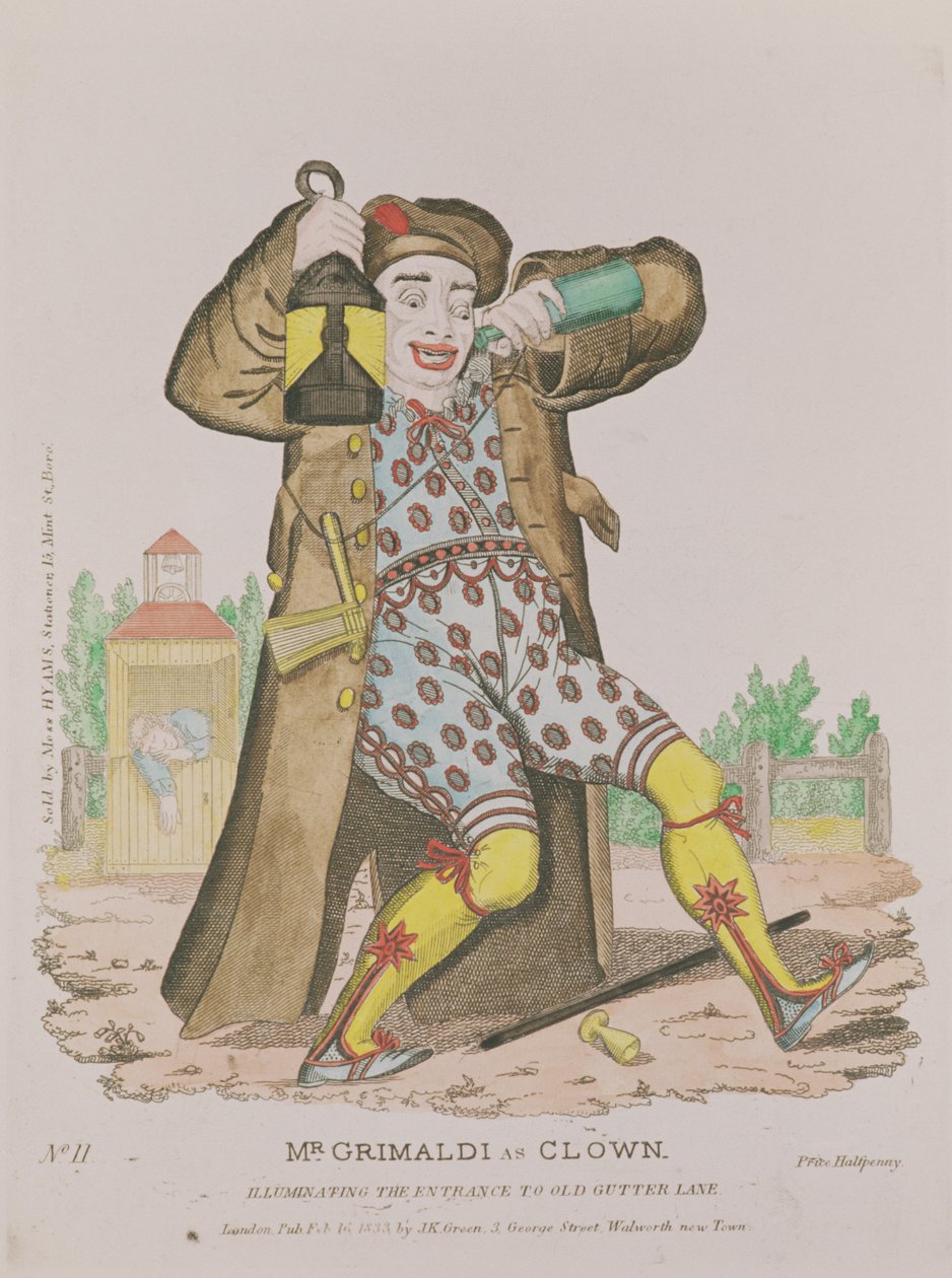 Pan Grimaldi jako klaun, osvětlující vchod do Old Gutter Lane, hospoda. 1833 od English School