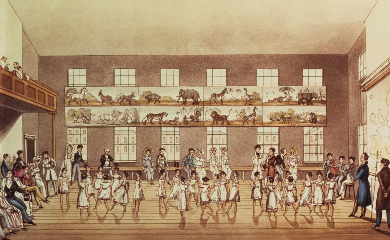 Pan Owens Institution, New Lanark (Quadrille Dancing), rytý George Hunt, pub. 1825 od English School