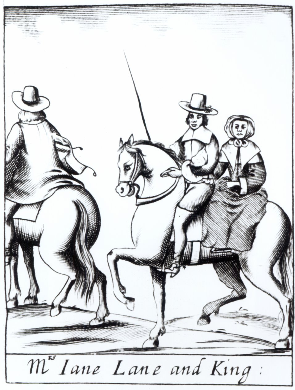 Paní Jane Laneová na koni s králem Karlem II. (1630-85) po porážce v bitvě u Worcesteru v září 1651, publikováno 1660. od English School