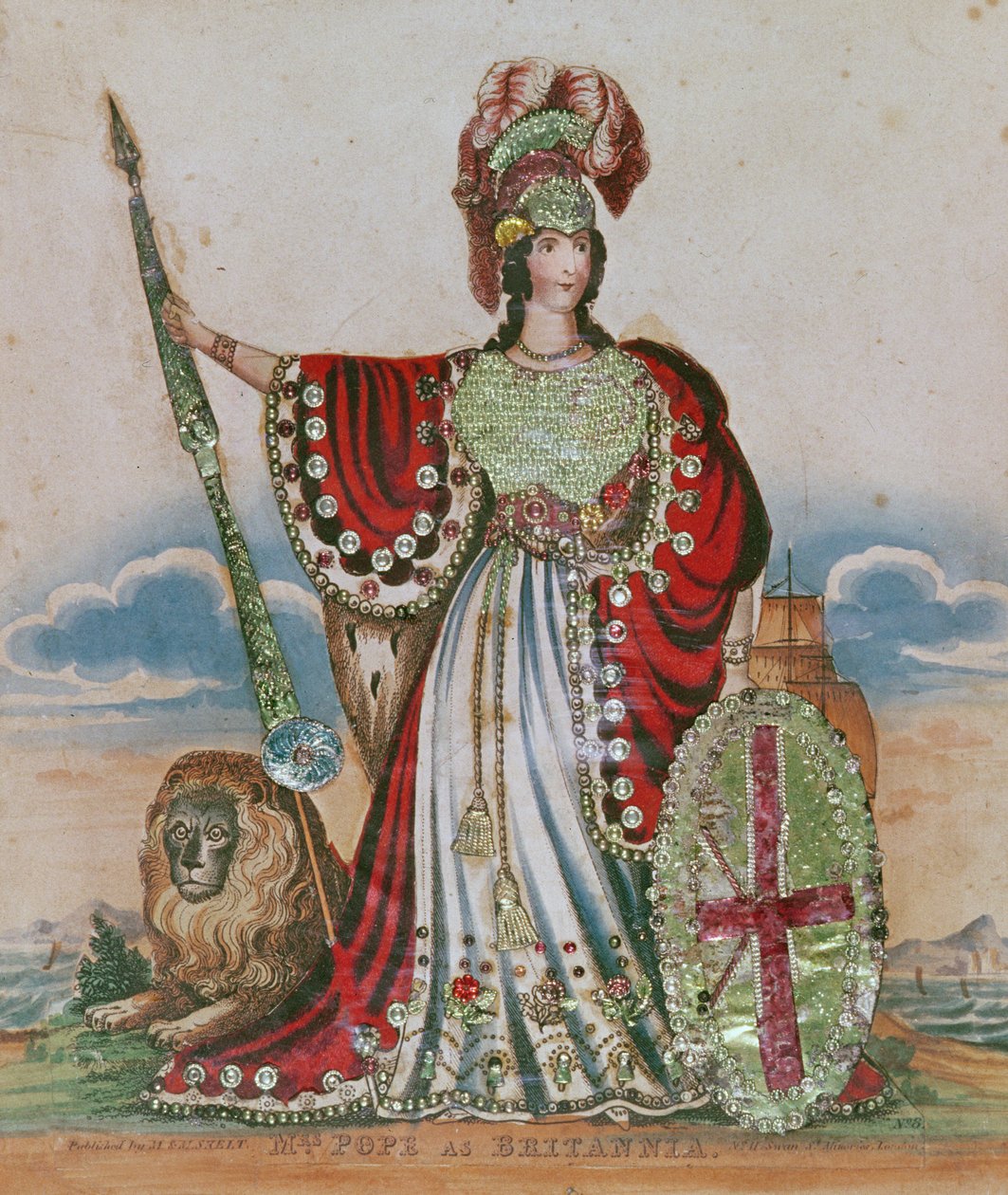 Paní Popeová jako Britannia (rytina a koláž) od English School