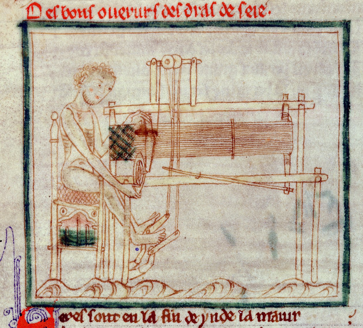 Ms 0.9.34 fol.32v Šlapací tkalcovský stav, z Romance o Alexandrovi, 1250 od English School