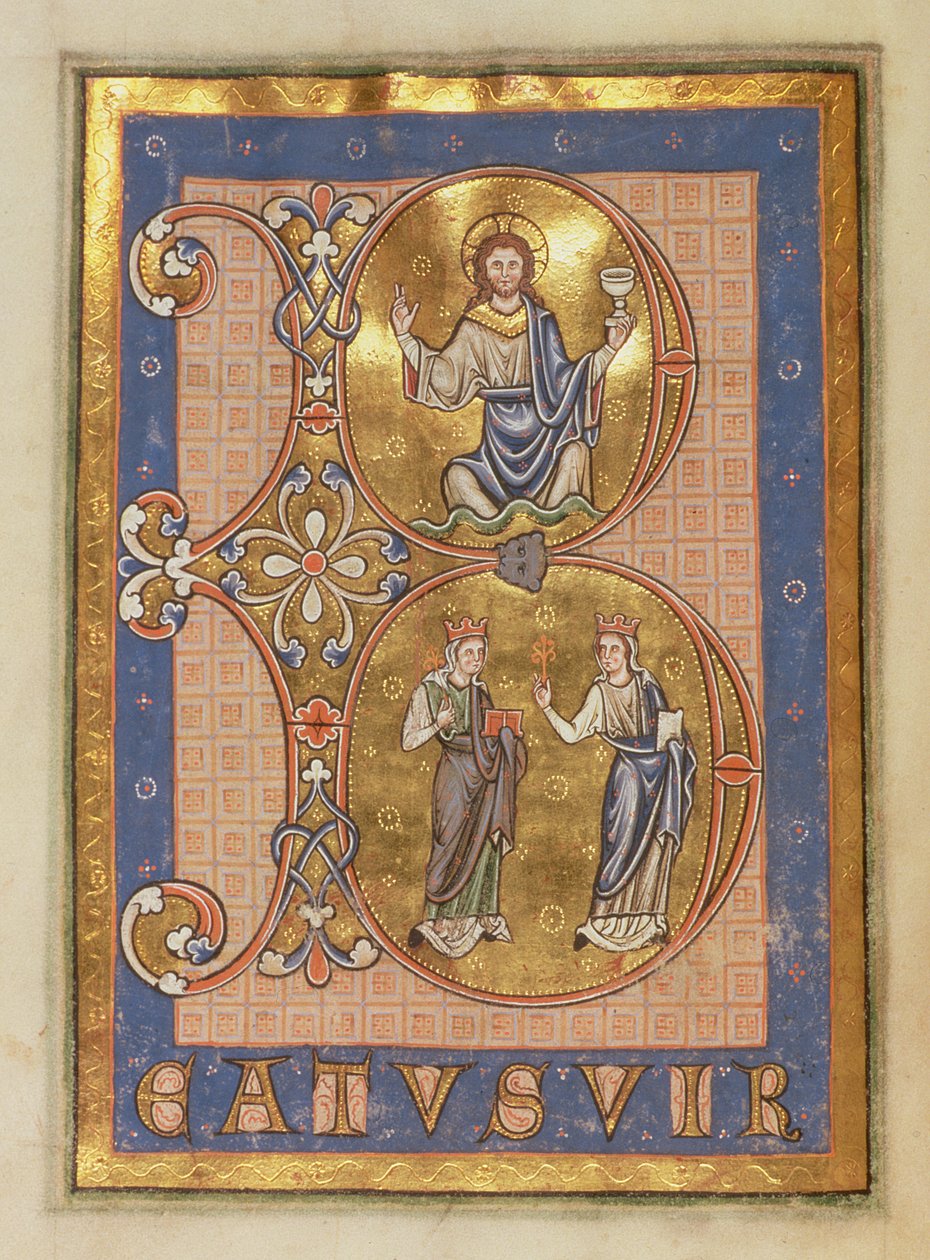 Ms 12 f.12v Iniciála B zobrazující, nahoře: sedícího Krista, dole: dvě ženy představující milosrdenství a pravdu, z Peterboroughského žaltáře, kolem 1260 od English School