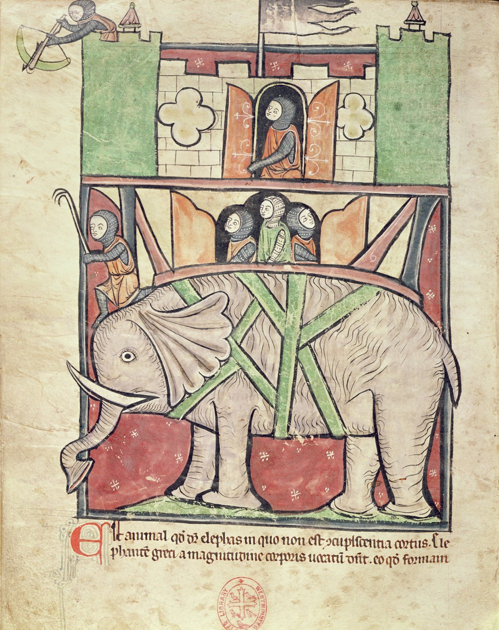 Ms 22 f.26v Slon nesoucí houf plný vojáků, z Bestiáře Westminsterského opatství, asi 1270-90. od English School