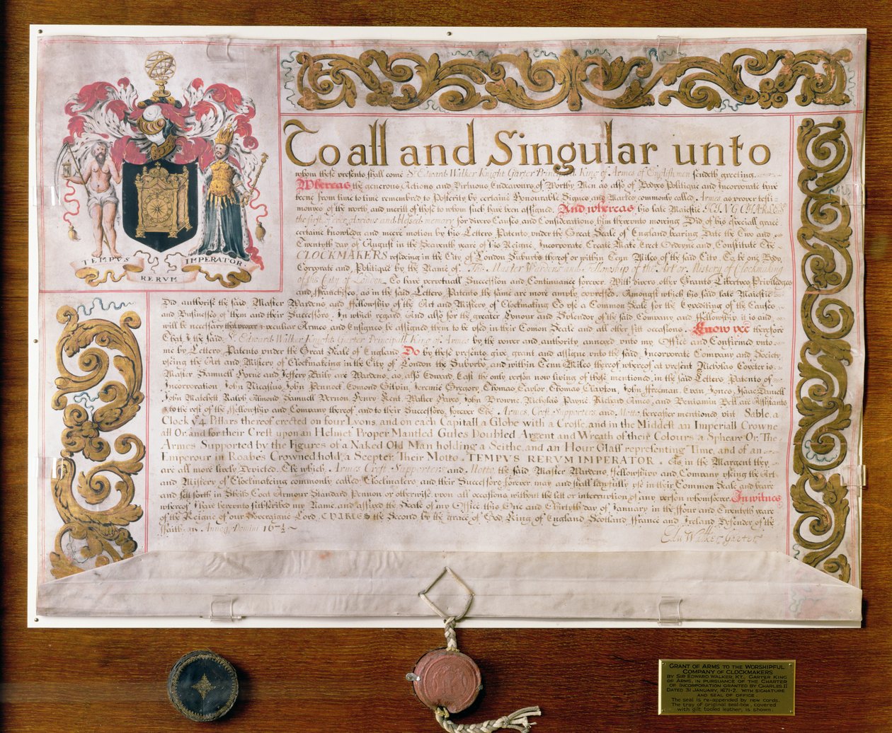 Ms 3970 Grant of Arms to Clockmakers Company, Edward Walker, Garter King at Arms, 1671-72 od English School