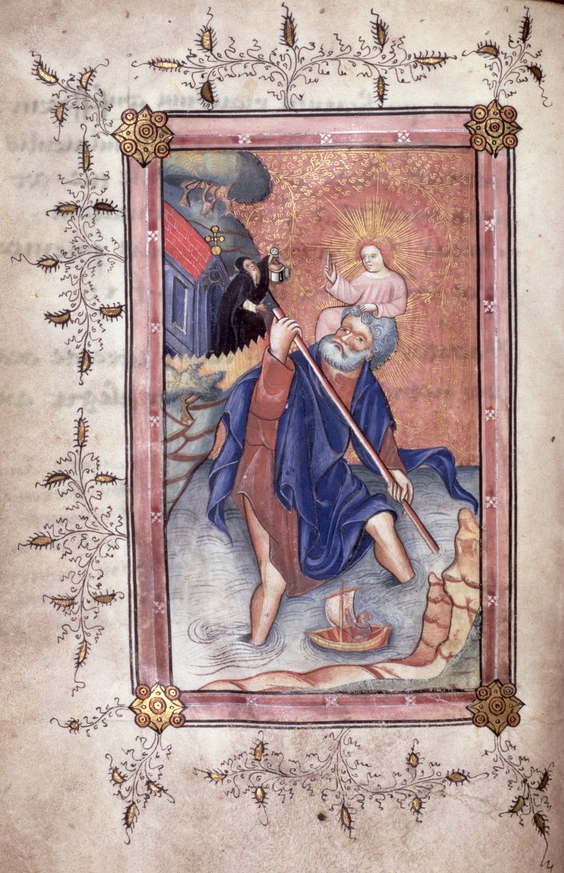 Ms 49 f.28v Svatý Kryštof nesoucí Krista přes řeku (vellum od English School