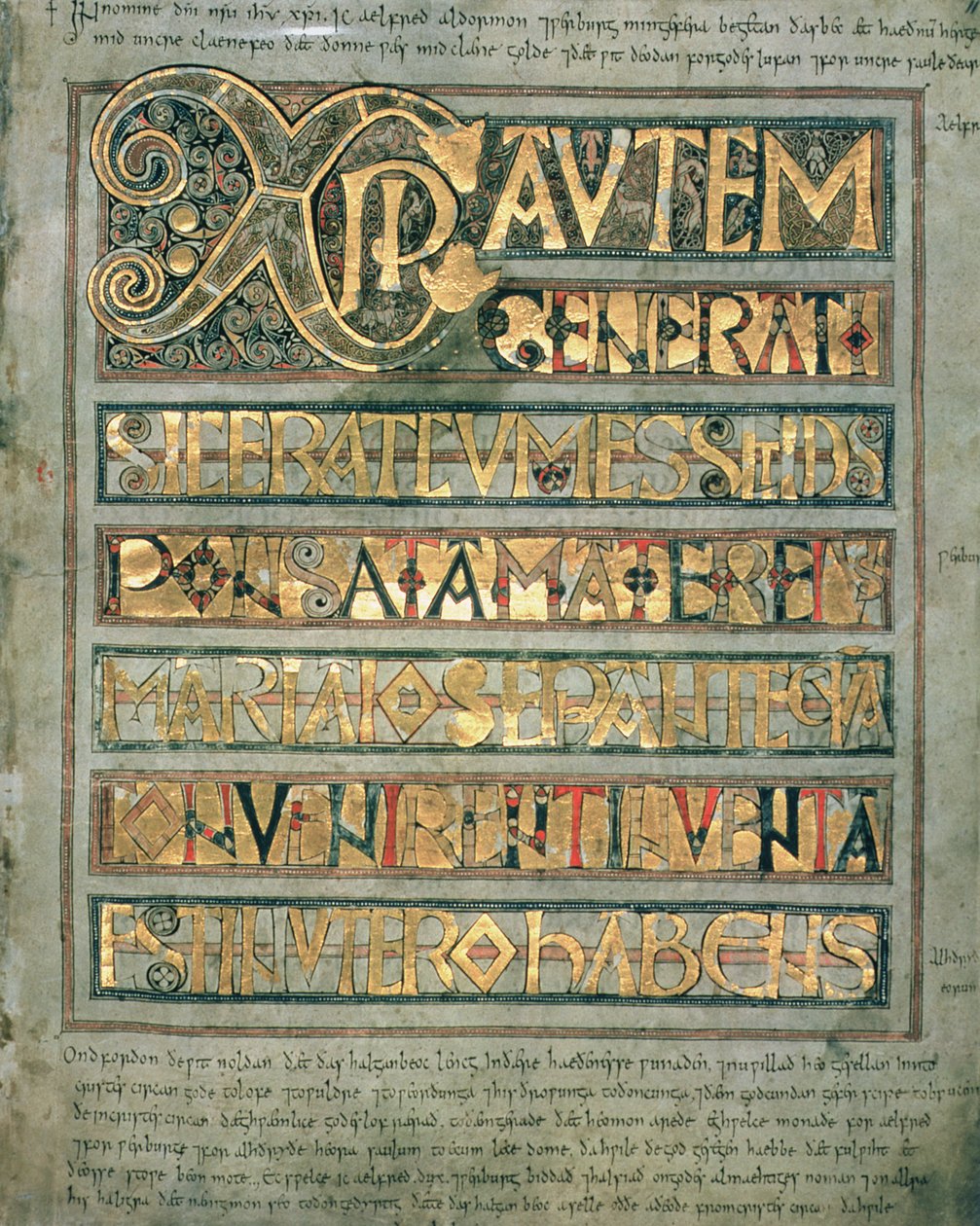 Ms A 135 f.11r Iluminovaný text, úvodní strana `Xpi to St. Matthew, ze Stockholmského kodexu Aureus, c.750 od English School