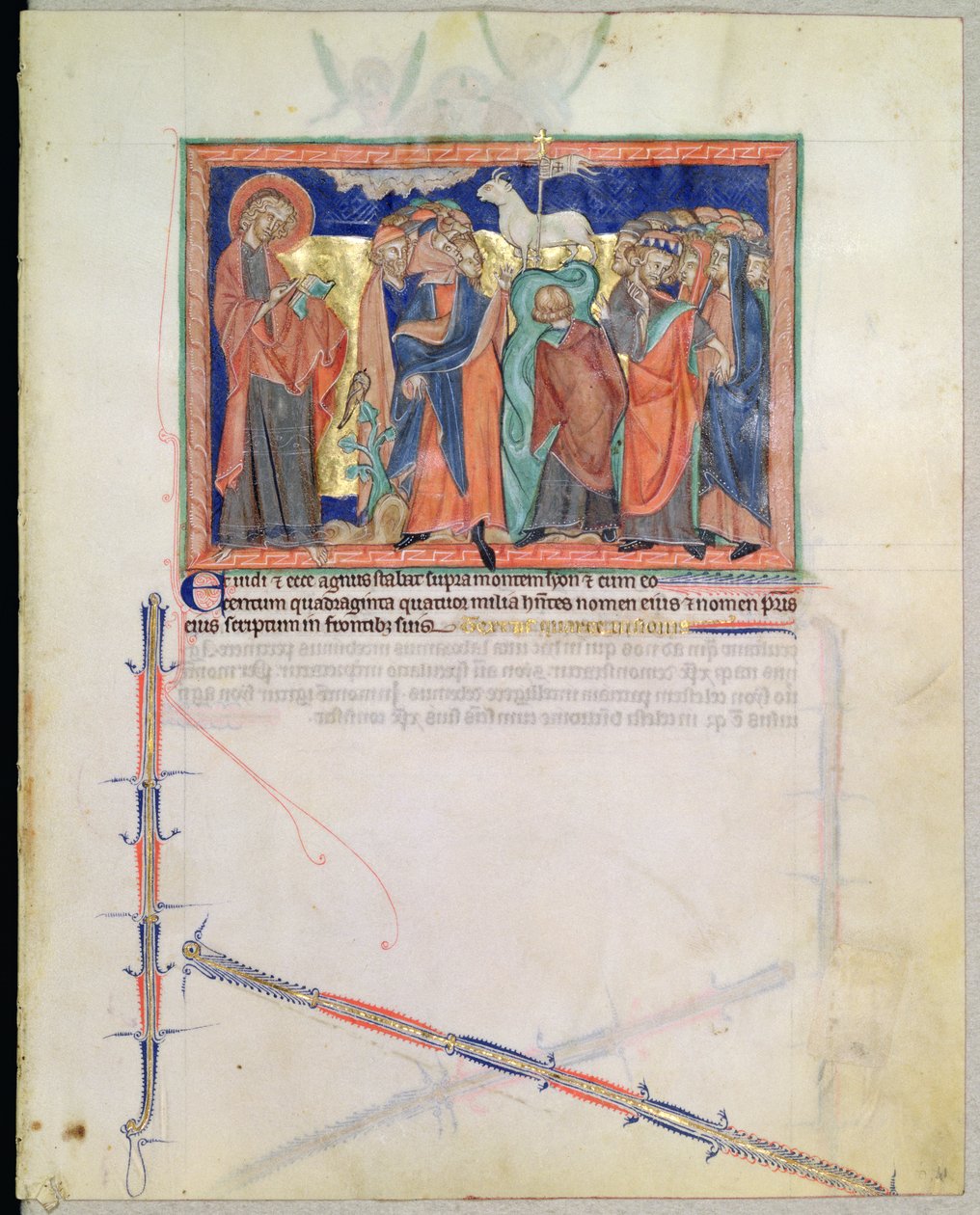 Paní L.A. 139-Lisboa fol.41 Svatý Jan Evangelista sleduje sto čtyřicet čtyři tisíc uctívání Beránka na hoře Sion, z Gulbenkianské apokalypsy, kolem 1265-70 od English School