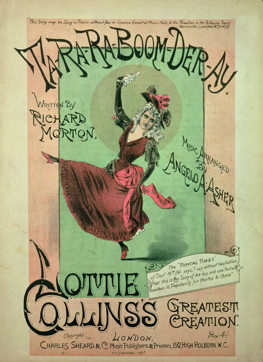 Hudební obal pro Ta-Ra-Ra-Boom-Der-Ay, publikoval Charles Sheard & Co, 1891 od English School